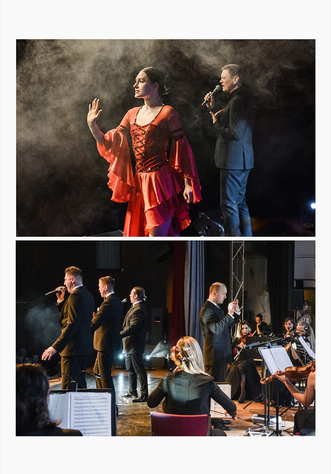 Koncert, scena, wokalistka w czerwieni